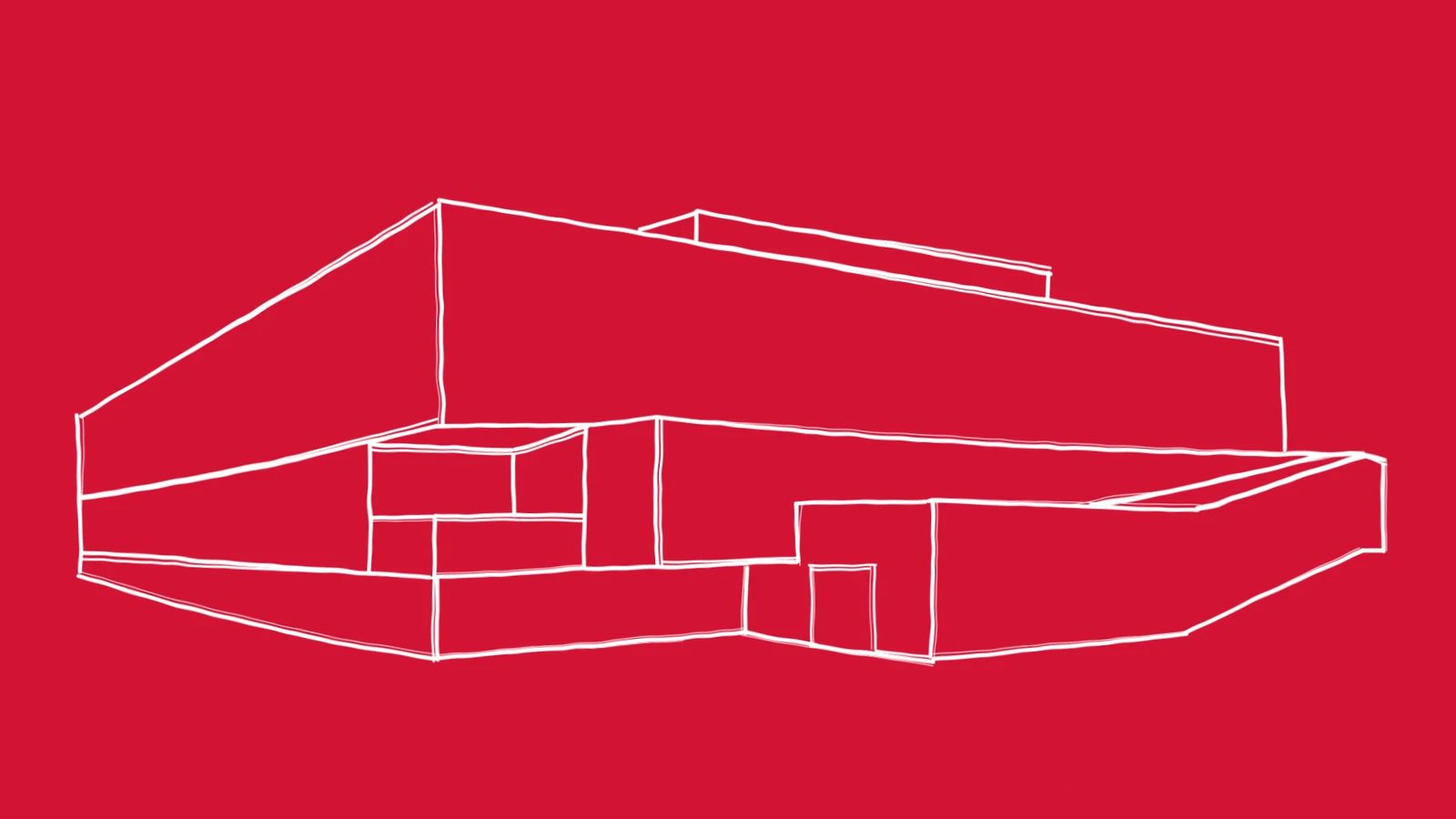 Bâtiment dessiné en blanc sur fond rouge — extrait du récap 2024 de l’ECA en motion design